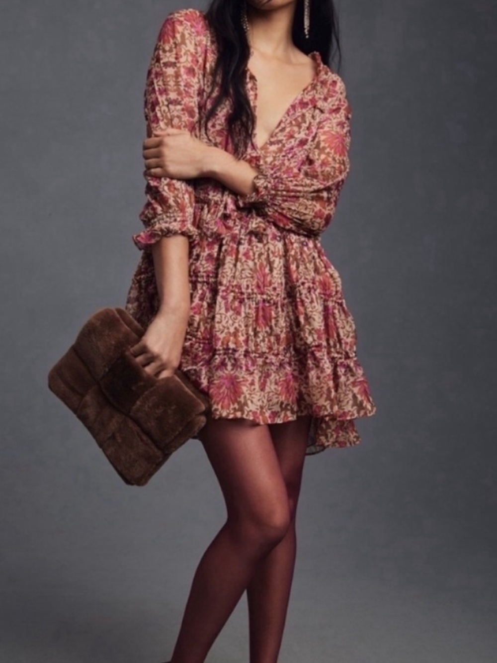 Misa Los Angeles Llanit Chiffon Floral Tie-Neck Tiered Swing Dress Pink Brown XS - Picture 3 of 13
